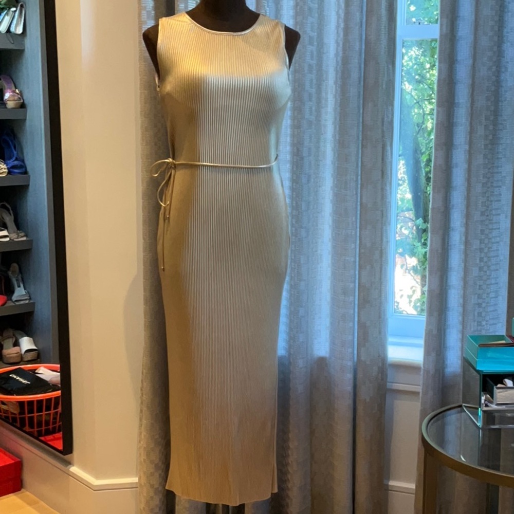 River Island Metallic Gold Sleeveless Ribbed Midi Dress with Side Tie